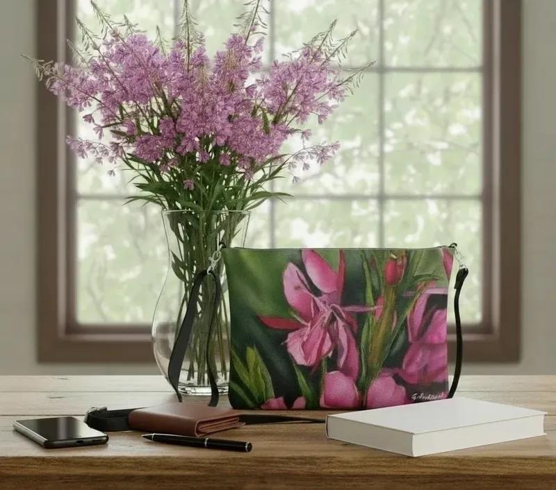 Custom art printed vegan leather cross-body purse by Gloria Andison